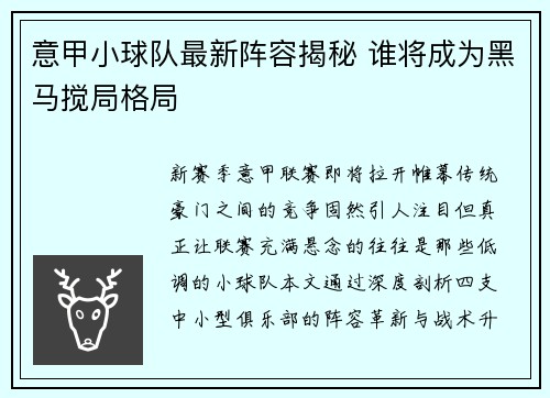 意甲小球队最新阵容揭秘 谁将成为黑马搅局格局